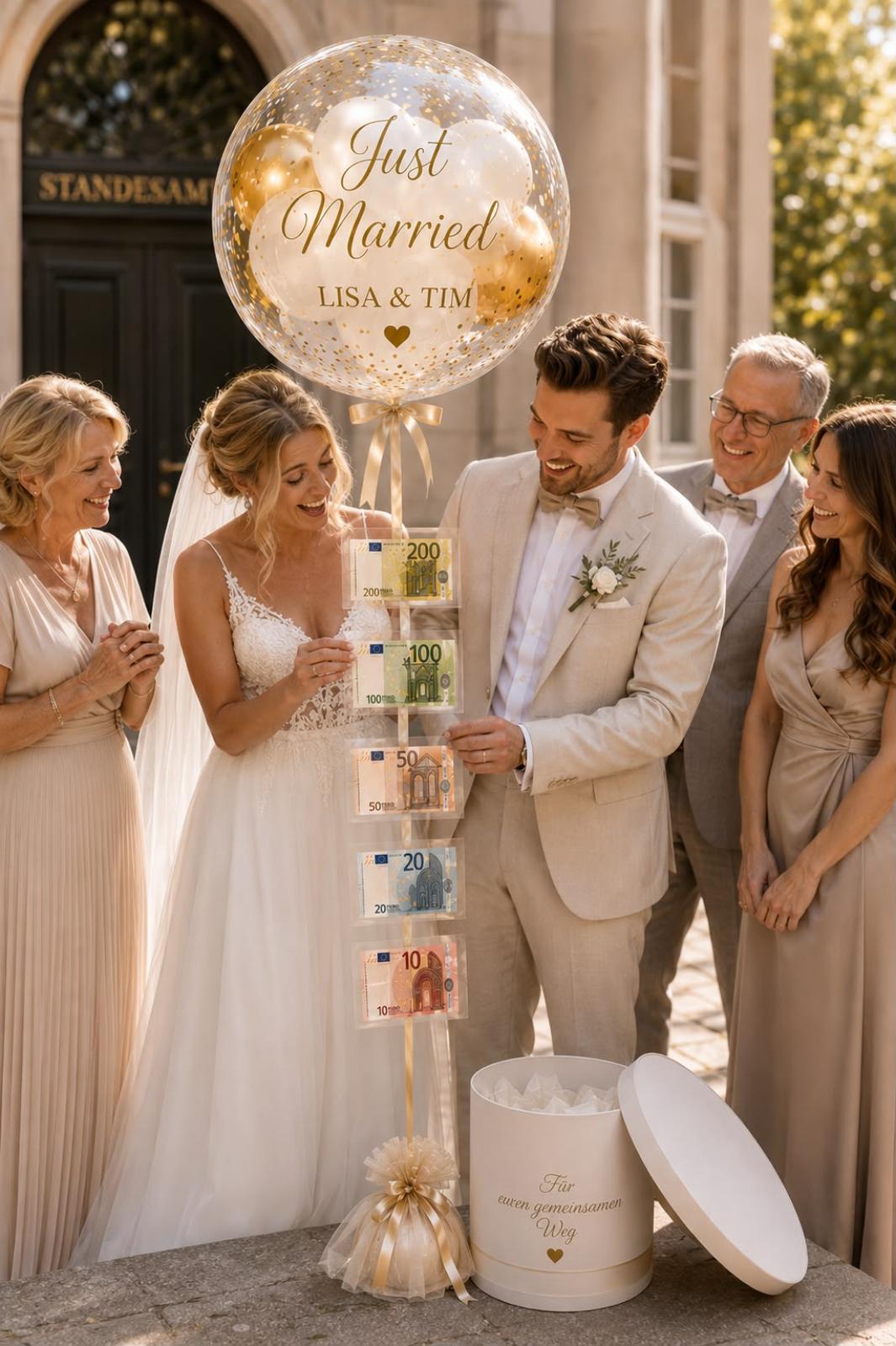 Bubble Ballon Hochzeit mit Geldscheinen Girlande in Box